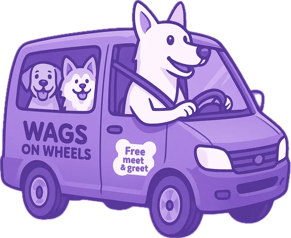 Wags on Wheels mascot in a car